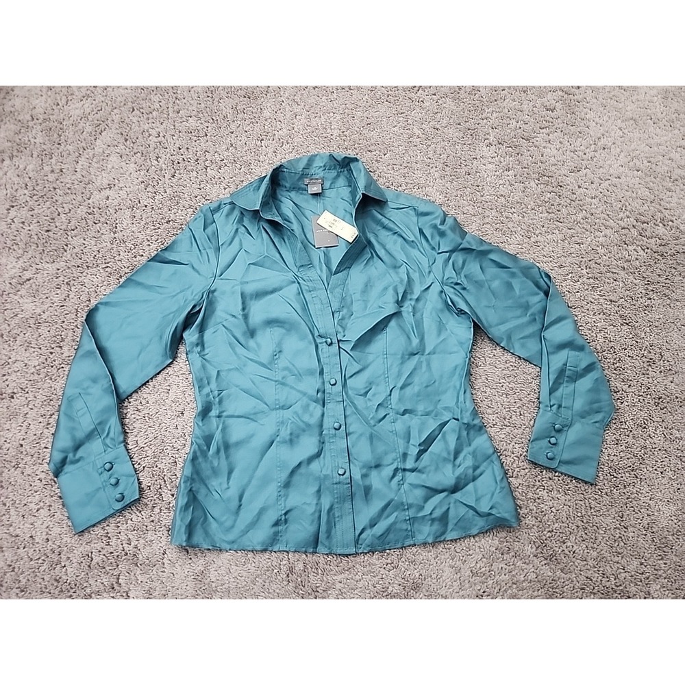 Ann Taylor Shirt Womens 10 Teal 100% Silk Long Sleeve Button Up Career NEW